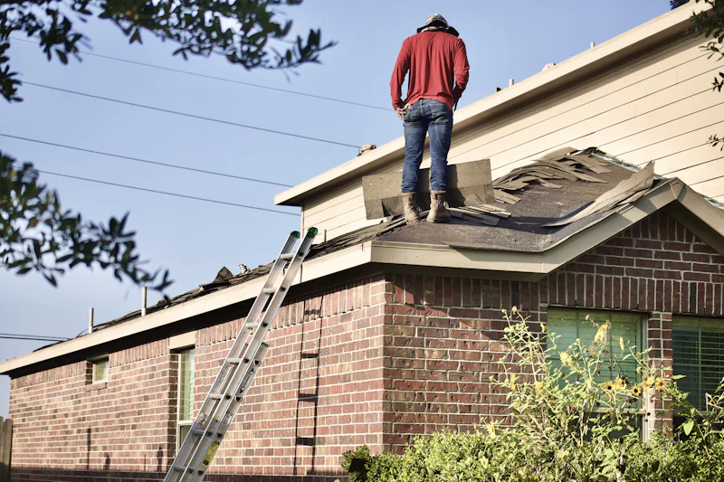 Roofer standing on a half-stripped roof over a brick house, a ladder against the gutter