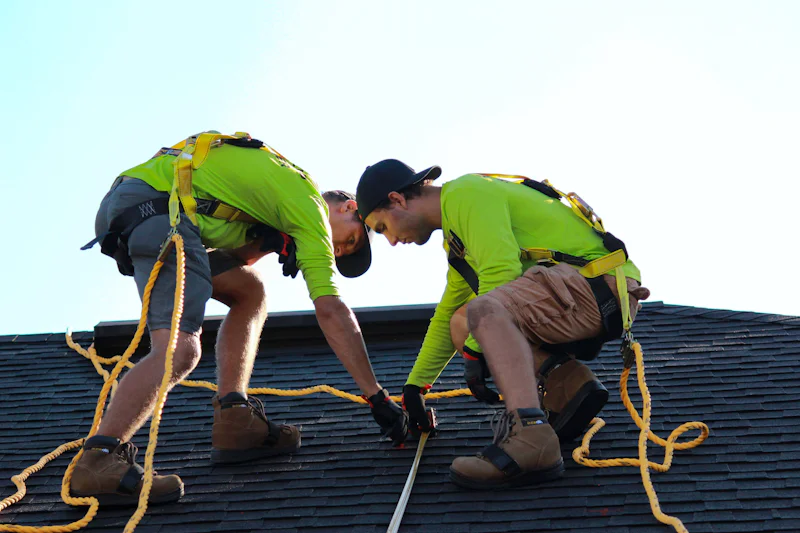 Two roofers in harnesses kneeling on a shingle roof to mark a straight line